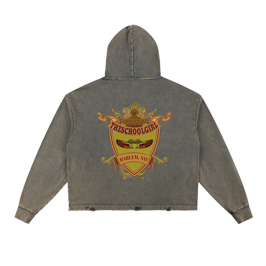 Vintage Washed Frayed-Hem SchoolGirl Crest Hoodie